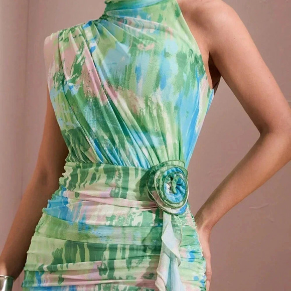 Blue Casual Women's Summer Tie-Dye Printed Irregular Shoulder Bodycon Dress - Picture 6 of 6